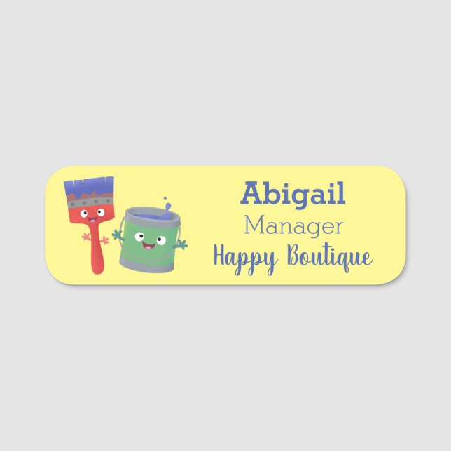 Cute paintbrush and paint cartoon characters name tag (Front)