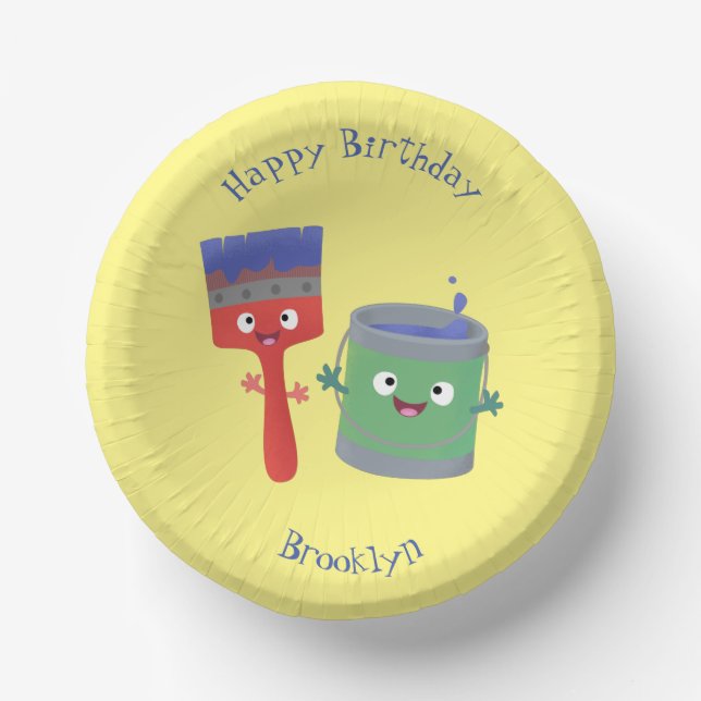 Cute paintbrush and paint cartoon characters paper plate (Front)