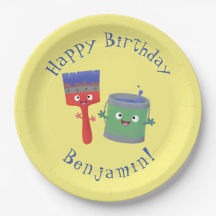 Cute paintbrush and paint cartoon characters paper plate