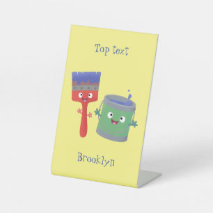 Cute paintbrush and paint cartoon characters pedestal sign