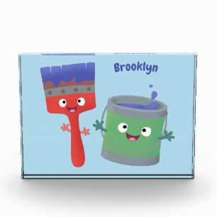 Cute paintbrush and paint cartoon characters photo block