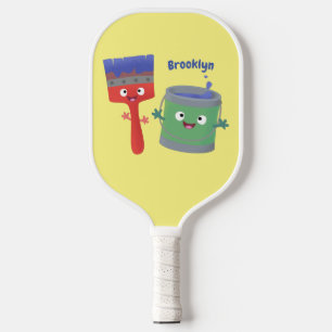 Cute paintbrush and paint cartoon characters pickleball paddle
