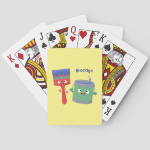 Cute paintbrush and paint cartoon characters playing cards