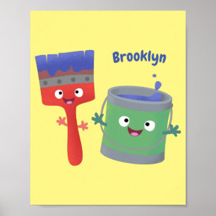Cute paintbrush and paint cartoon characters poster
