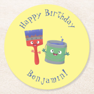 Cute paintbrush and paint cartoon characters round paper coaster