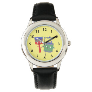 Cute paintbrush and paint cartoon characters watch