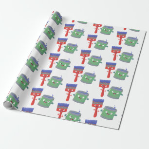 Cute paintbrush and paint cartoon characters wrapping paper