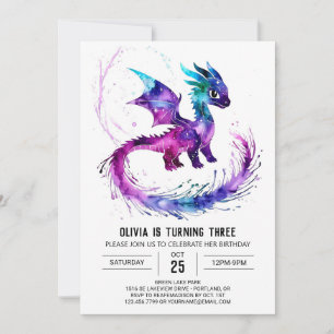 Cute Painted Dragon Digital Girl Birthday Invitation