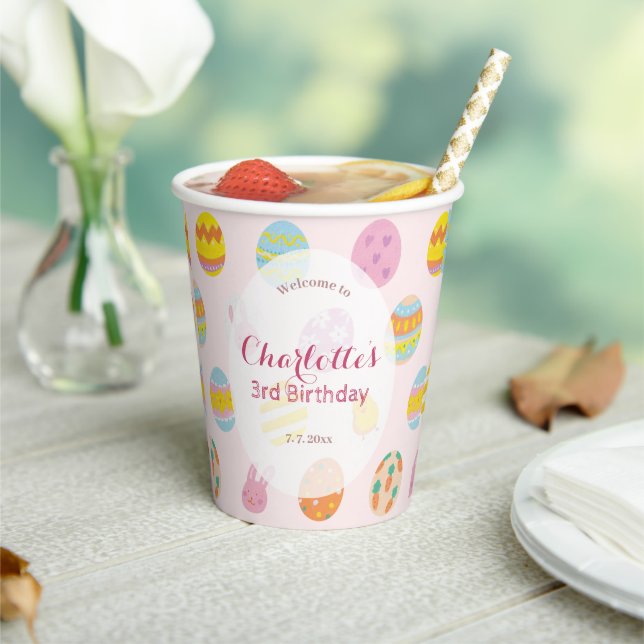 Cute Painted Egg Pattern Pink Kids Birthday Party Paper Cups (Insitu)