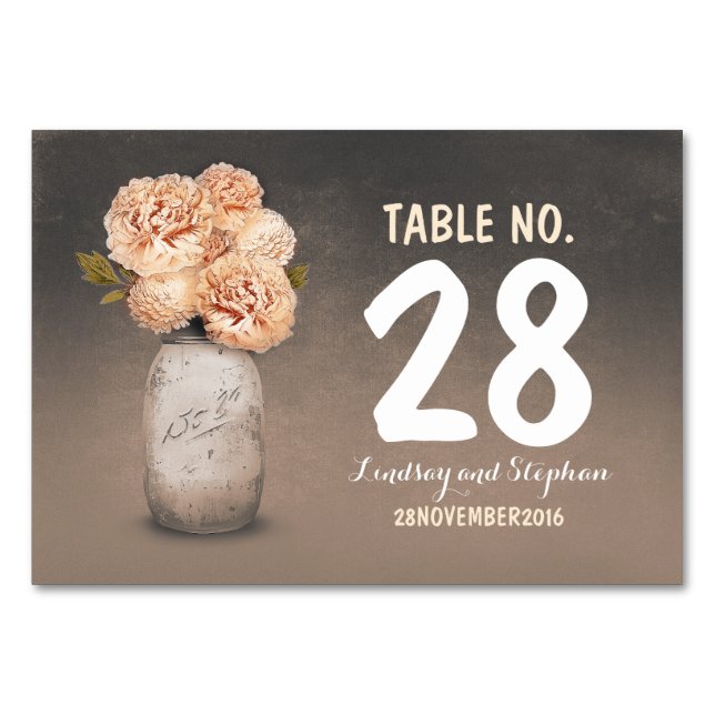 Cute painted mason jar peach flowers table cards (Front)