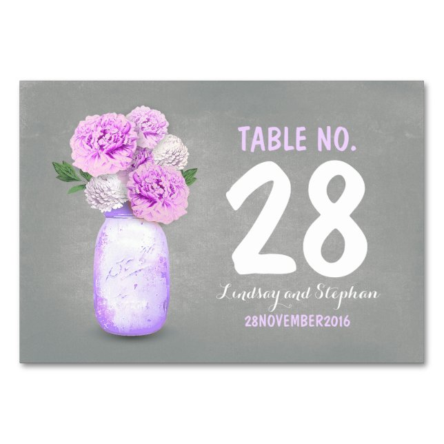 Cute painted mason jar purple flowers table cards (Front)