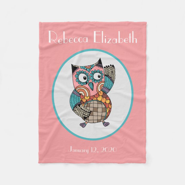 Cute painted owl, personalised fleece blanket (Front)