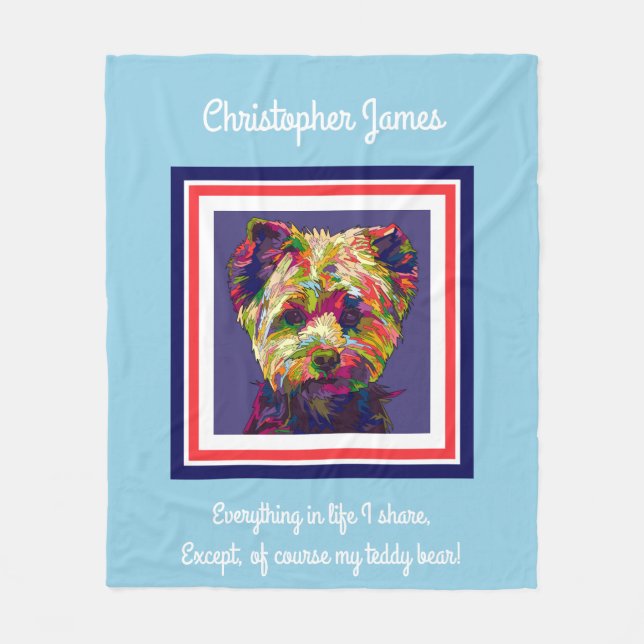 Cute painted teddy bear (with poem), personalised fleece blanket (Front)