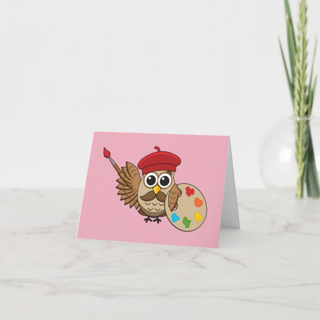 Cute Painter Owl Cartoon | Add own Text Card (Front)