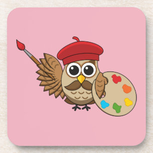 Cute Painter Owl Cartoon Coaster