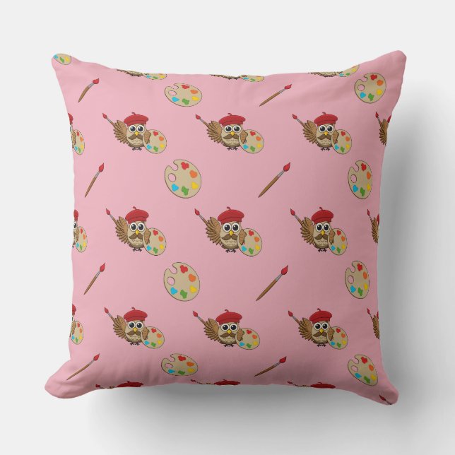 Cute Painter Owl Cartoon Cushion (Front)