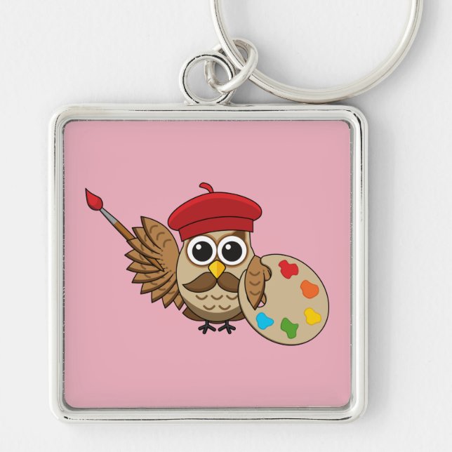 Cute Painter Owl Cartoon Key Ring (Front)