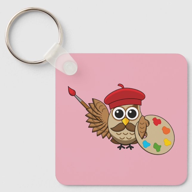Cute Painter Owl Cartoon Key Ring (Front)