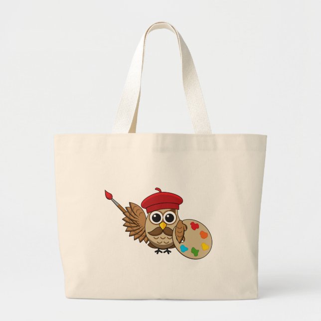 Cute Painter Owl Cartoon Large Tote Bag (Front)