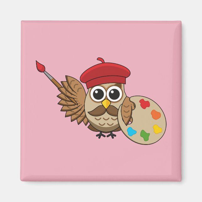 Cute Painter Owl Cartoon Magnet (Front)