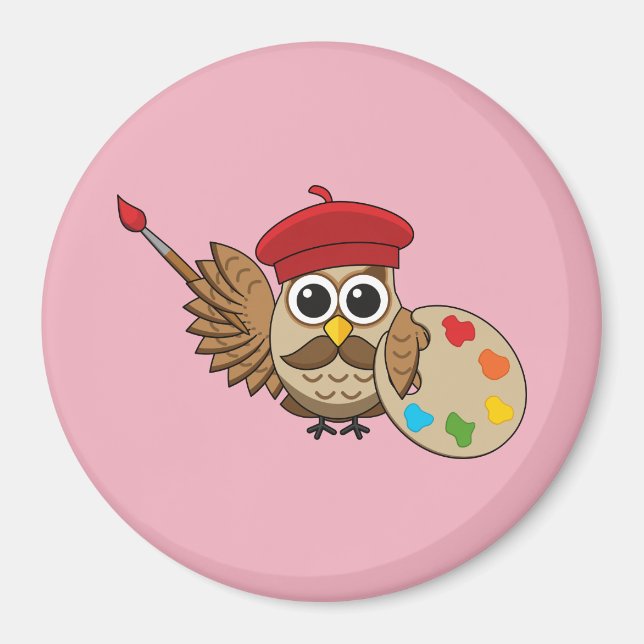 Cute Painter Owl Cartoon Magnet (Front)