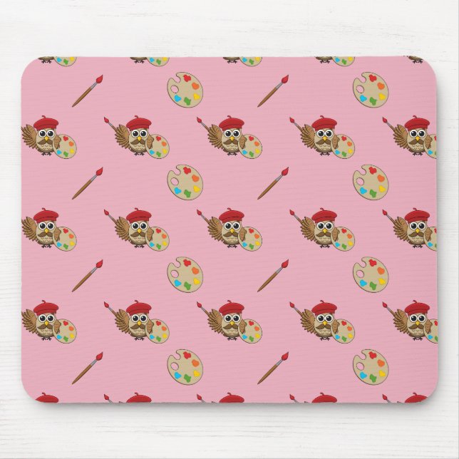 Cute Painter Owl Cartoon Mouse Mat (Front)