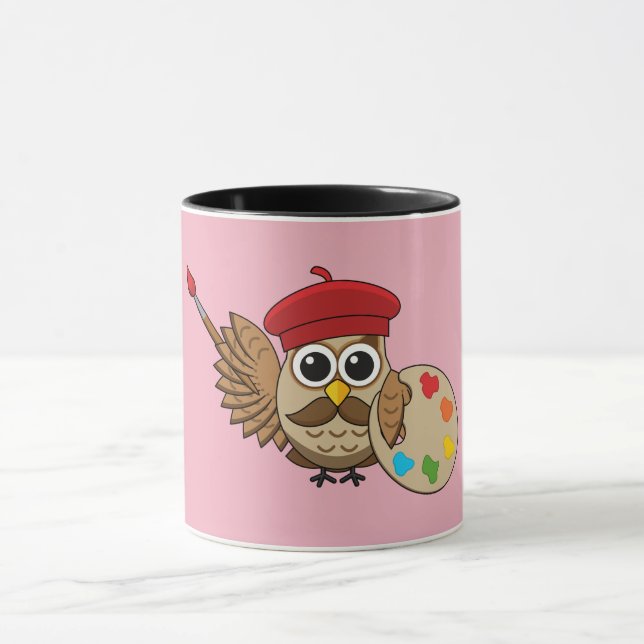 Cute Painter Owl Cartoon Mug (Center)