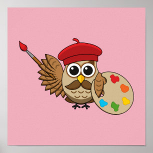 Cute Painter Owl Cartoon Poster