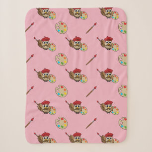 Cute Painter Owl Cartoon Sherpa Blanket