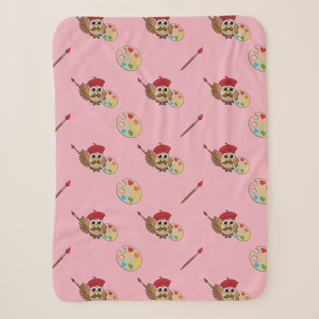 Cute Painter Owl Cartoon Sherpa Blanket (Front)