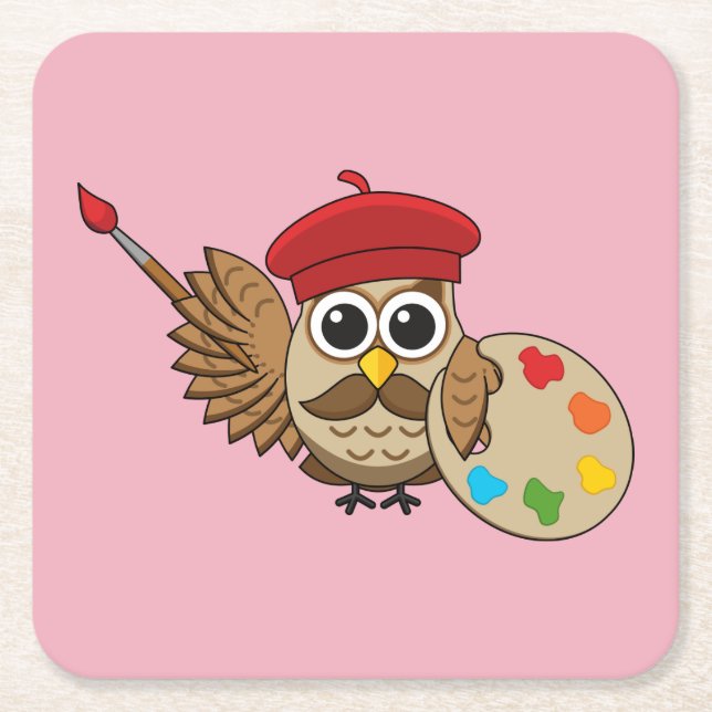 Cute Painter Owl Cartoon Square Paper Coaster (Front)