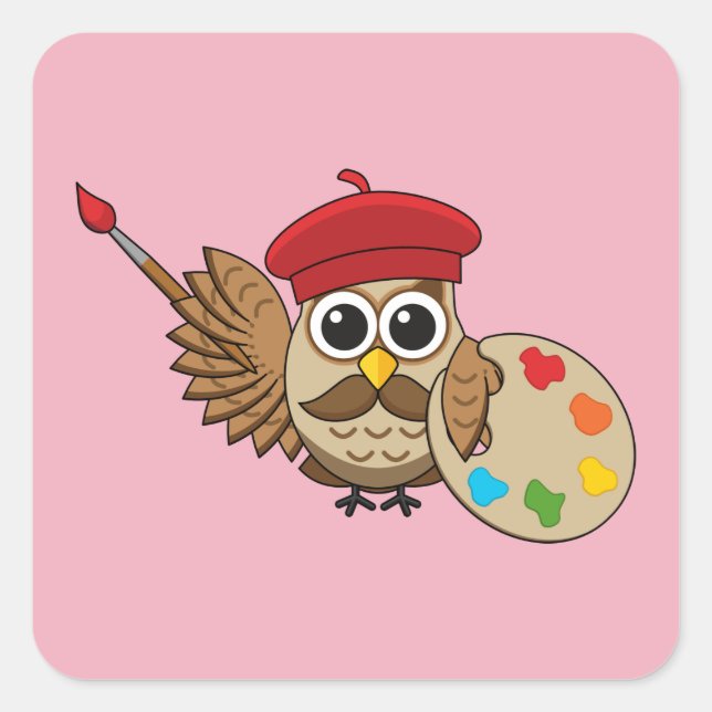 Cute Painter Owl Cartoon Square Sticker (Front)