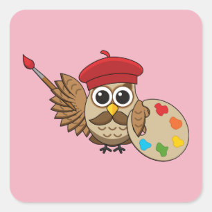 Cute Painter Owl Cartoon Square Sticker