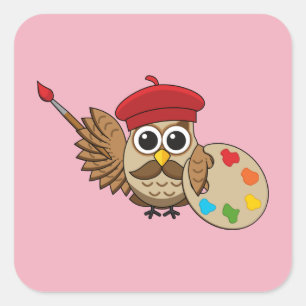 Cute Painter Owl Cartoon Square Sticker