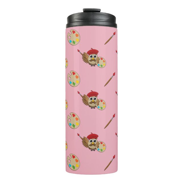 Cute Painter Owl Cartoon Thermal Tumbler (Front)