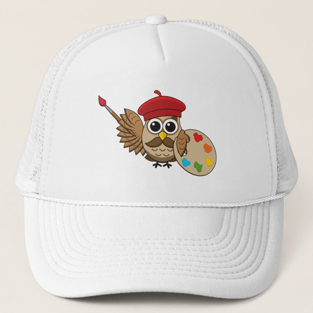 Cute Painter Owl Cartoon Trucker Hat (Front)