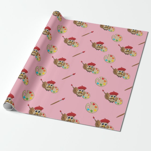 Cute Painter Owl Cartoon Wrapping Paper (Unrolled)