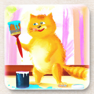 Cute Painting Of A Cat Holding A Brush. Buy Now Coaster