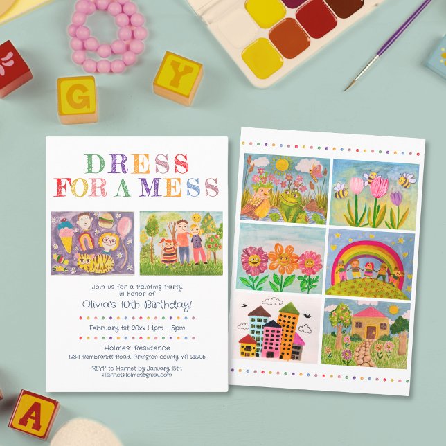 Cute Painting Party with Your Kid's Art Birthday Invitation (Dress for a mess painting party invitations.)