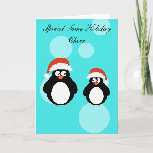 Cute pair of penguins red hat cheer holiday card (Front)