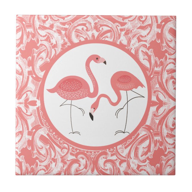 Cute Pair Of Pink Flamingos With Swirls Tile (Front)