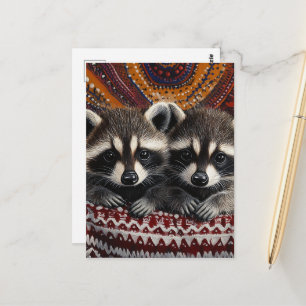 Cute Pair of Racoon Babies in red blanket Postcard