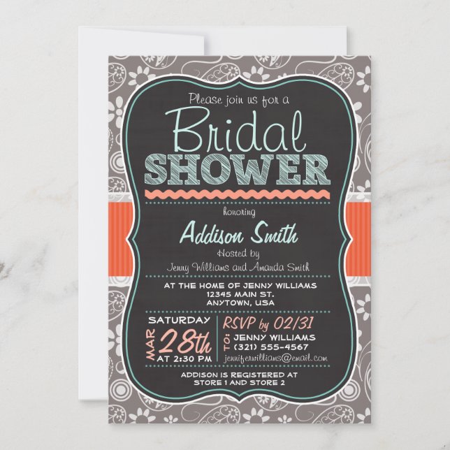 Cute Paisley Chalkboard look Bridal Shower Invitation (Front)