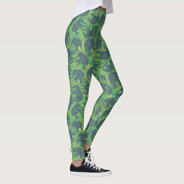 Cute Paisley Elephants on Leafy Green Background Leggings (Right)