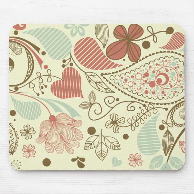 Cute Paisley Hearts & Flowers Retro Floral Mouse Mat (Front)