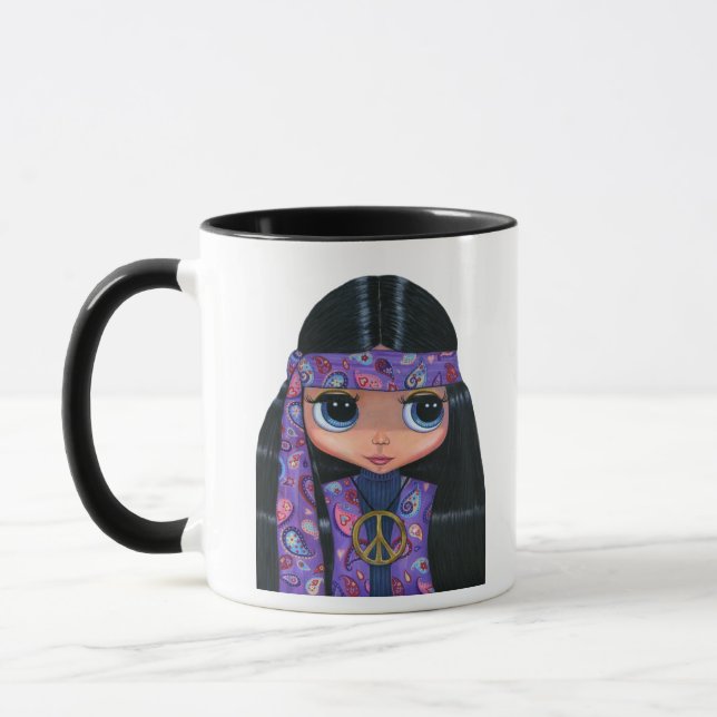 Cute Paisley Hippie Doll Girl in Purple Peace Sign Mug (Left)