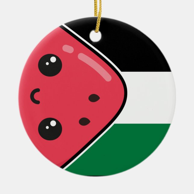 Cute Palestine flag with watermelon-Free Palestin  Ceramic Tree Decoration (Front)