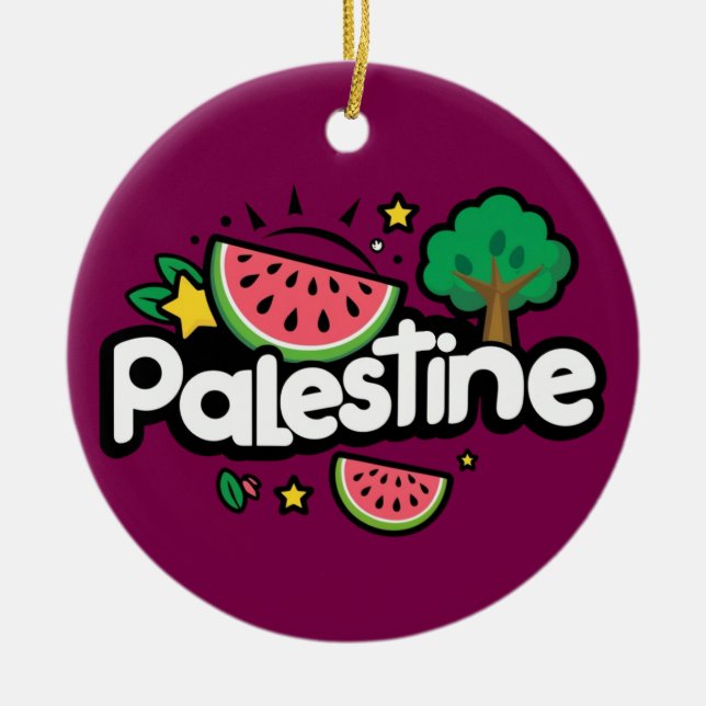 Cute Palestine word surrounded by watermelons tree Ceramic Tree Decoration (Front)