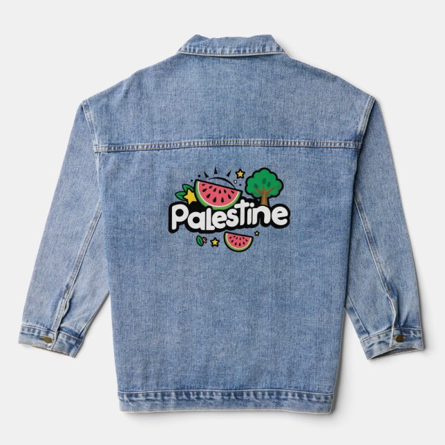 Cute Palestine word surrounded by watermelons tree Denim Jacket (Back)