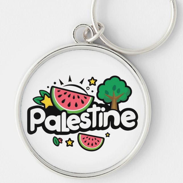 Cute Palestine word surrounded by watermelons tree Key Ring (Front)
